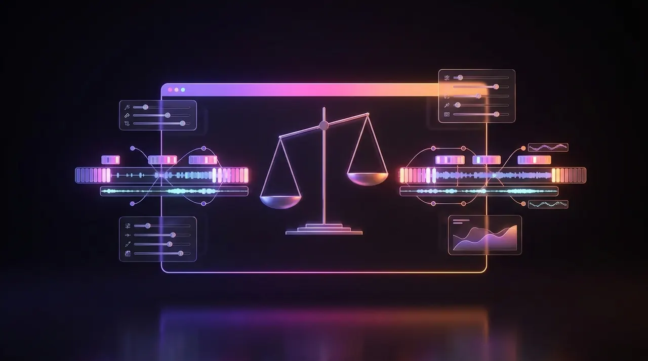 Interface abstrata de edição de vídeo em fundo escuro com tons neon