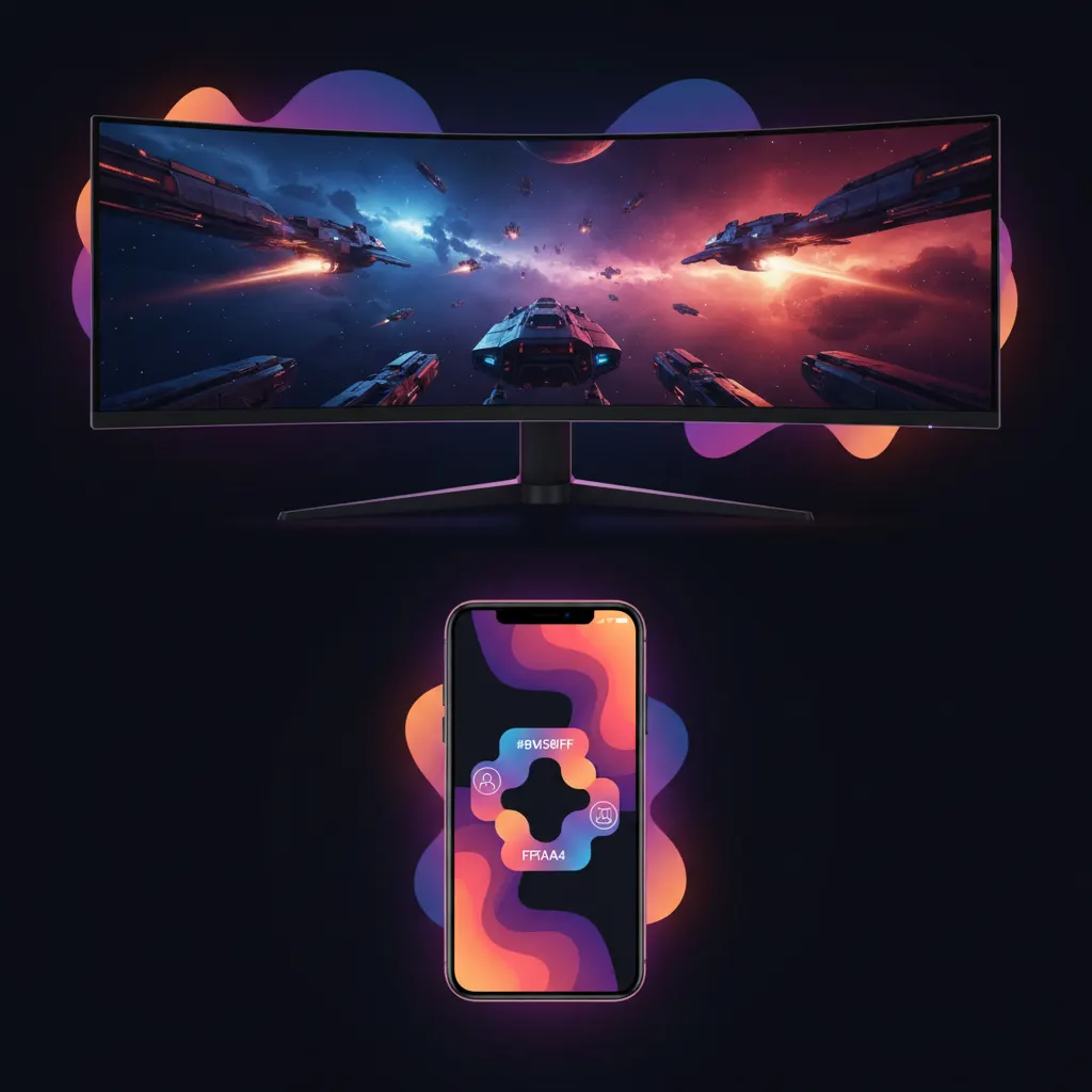 Monitor ultrawide acima de um smartphone vertical com iluminação neon