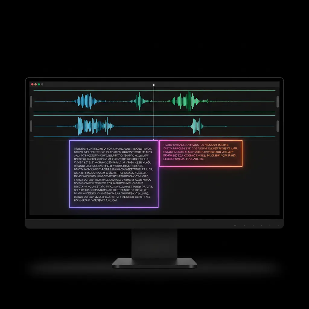 Interface de edição de vídeo mostrando ondas de áudio sobrepostas e blocos de texto