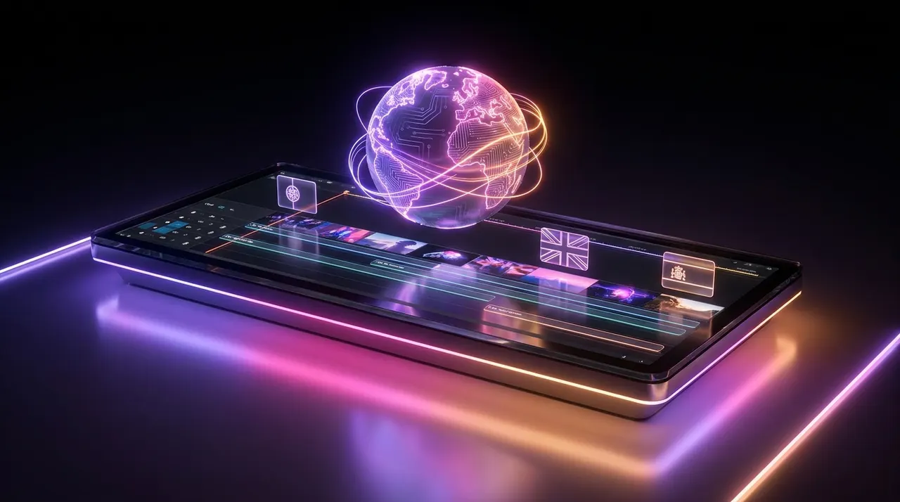 Globo futurista sobre linha do tempo de edição de vídeo iluminado em neon