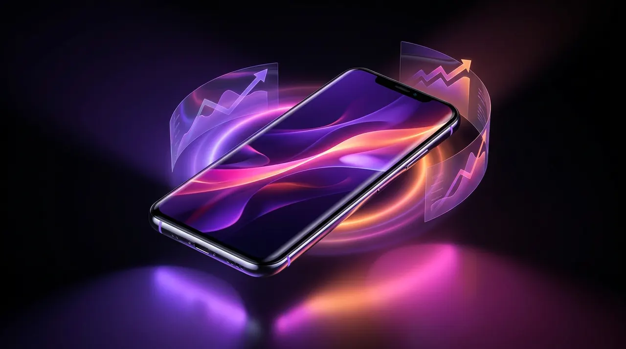 Smartphone flutuante com gráficos de crescimento e luzes neon roxas e laranjas