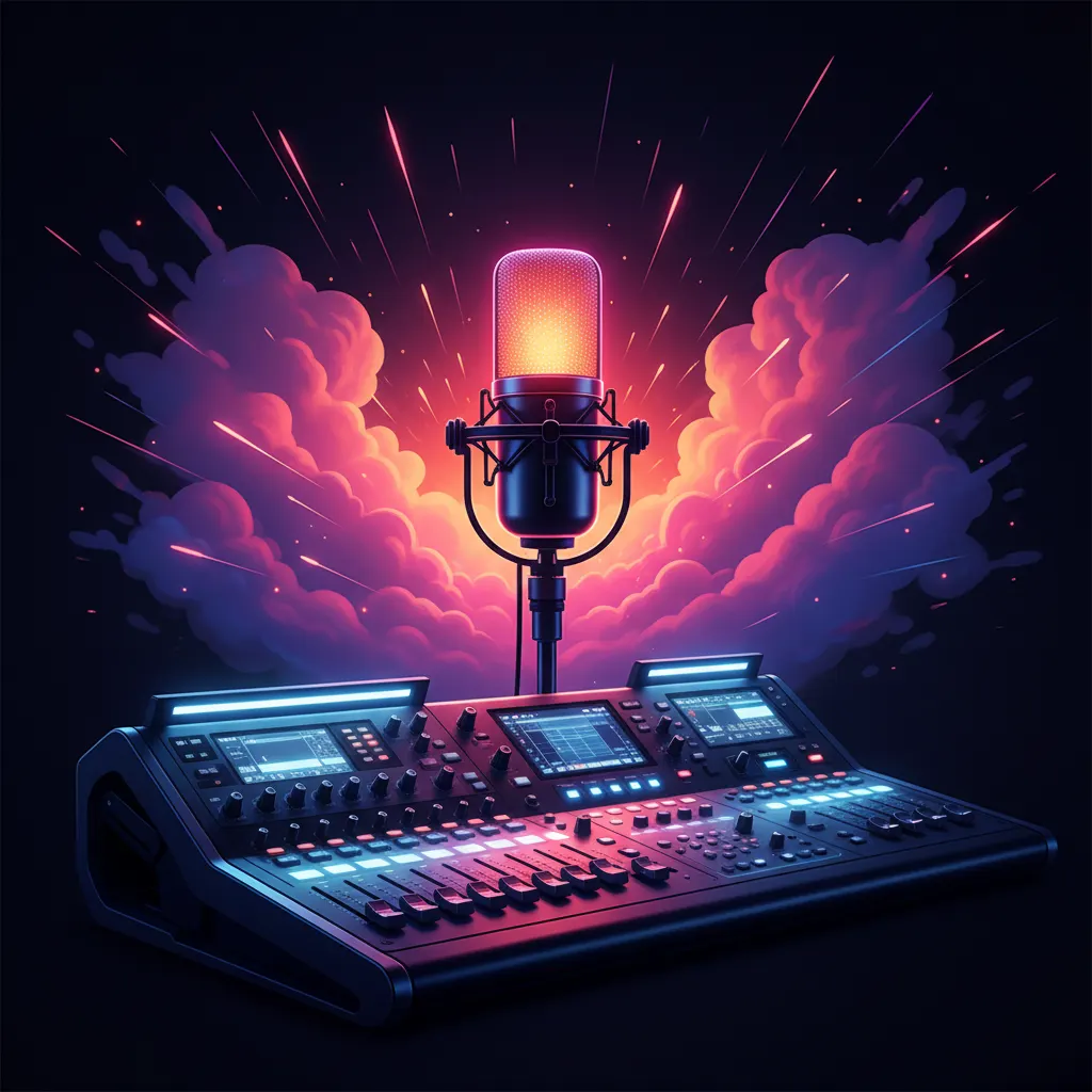 Mesa de som e microfone iluminados com luzes neon roxas e laranjas