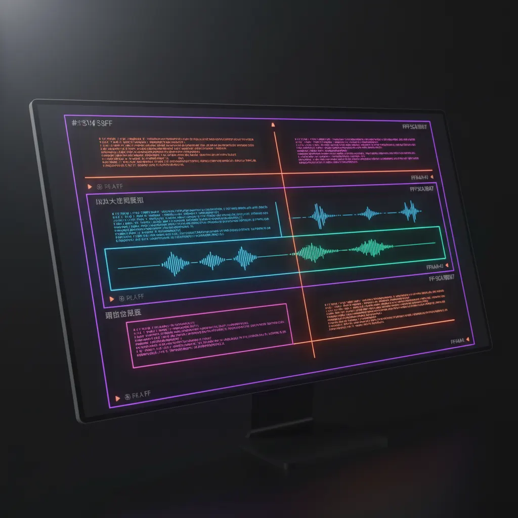 Interface de edição de vídeo mostrando ondas de áudio e blocos de legenda