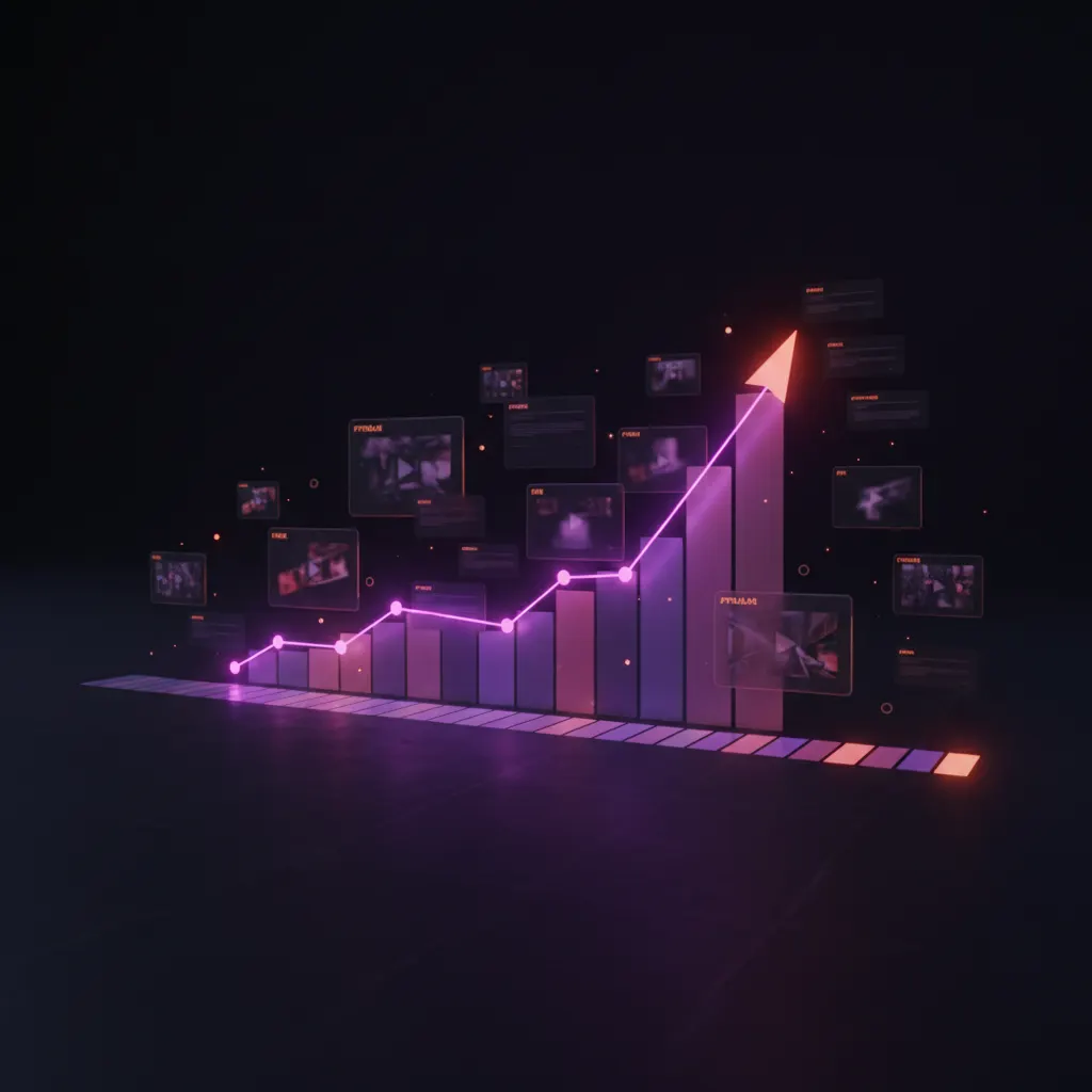 Gráfico ascendente abstrato representando aumento de receita com ícones de vídeo e metadados.