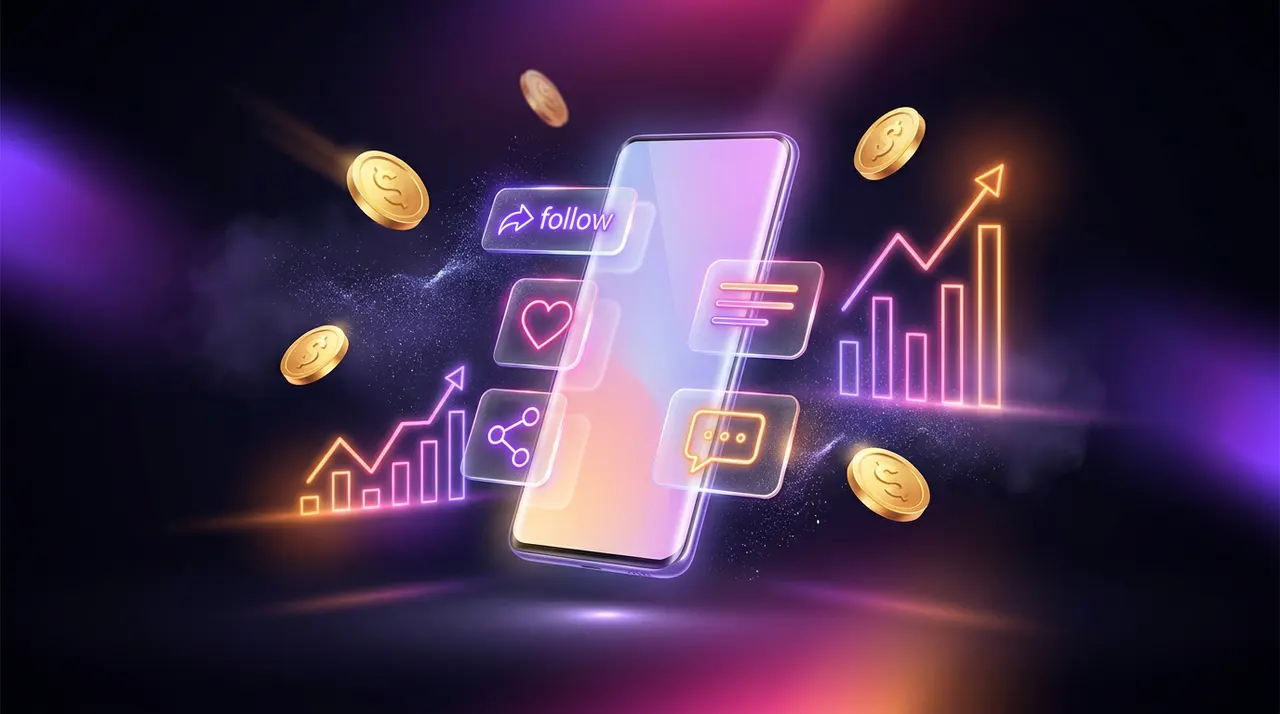 Smartphone brilhante com ícones de redes sociais, gráficos de alta e moedas flutuando