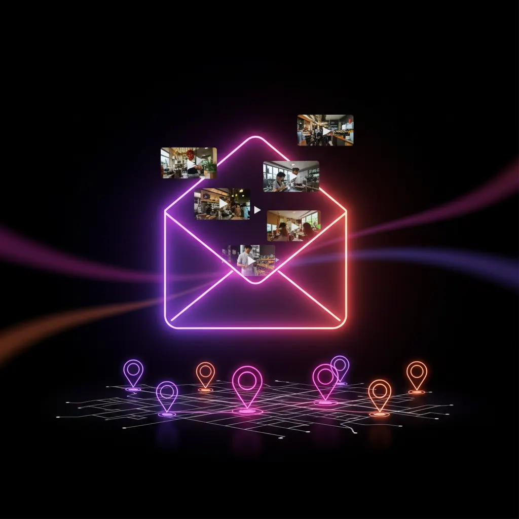 Envelope digital brilhante com vídeos verticais sobre um mapa minimalista escuro.