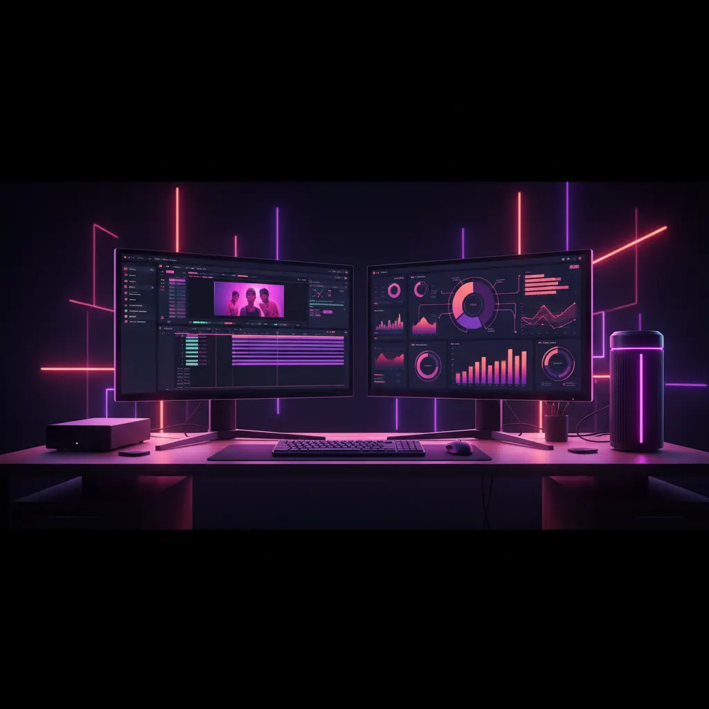 Monitores exibindo softwares de edição e gráficos em fundo escuro com neon.