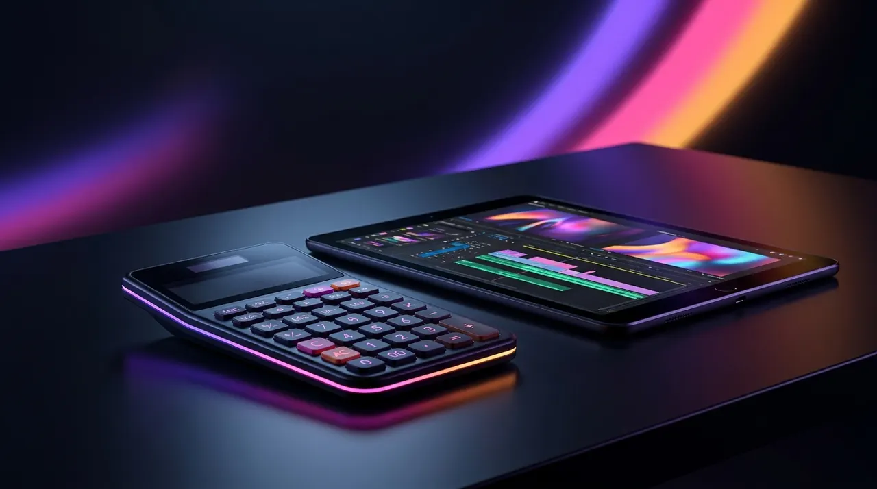 Calculadora e tablet com linha do tempo de edição sobre mesa escura