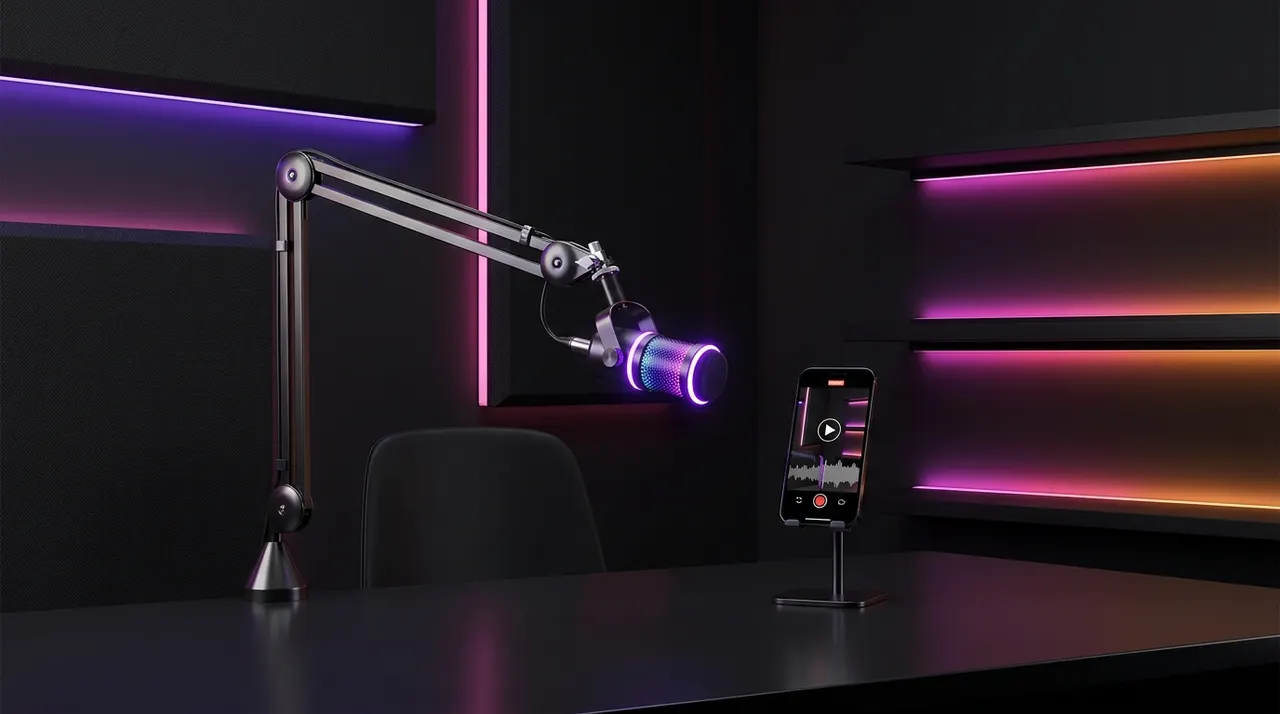 Microfone de podcast e smartphone com interface de vídeo vertical em fundo escuro iluminado.