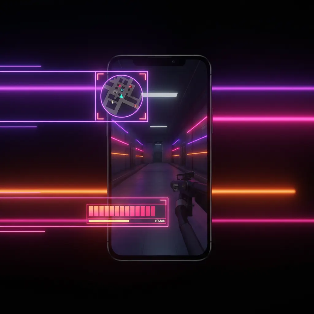 Tela vertical de smartphone com caixas de seleção neon destacando o minimapa e a barra de vida de um jogo