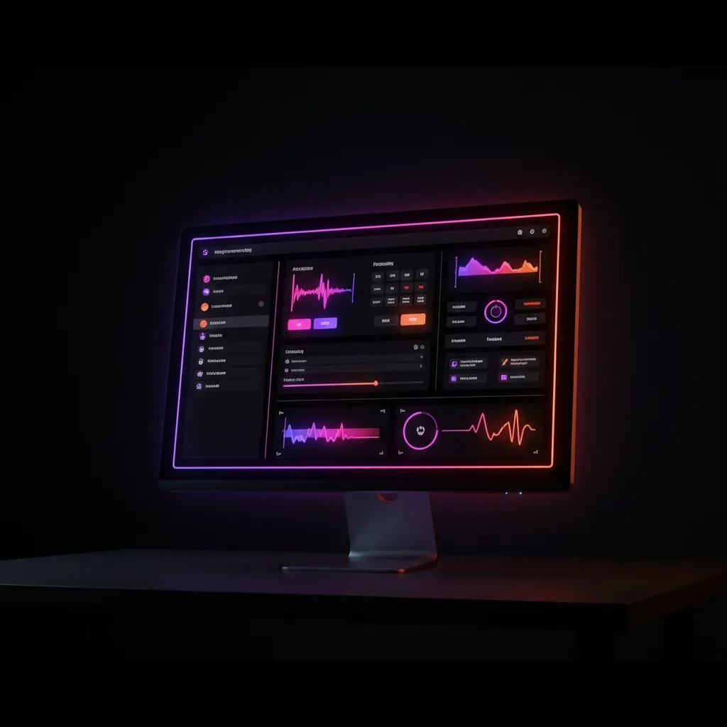Monitor exibindo interface de software de gravação com luzes neon