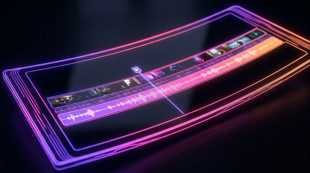 Interface de edição de vídeo mostrando ondas de áudio alinhadas em uma linha do tempo