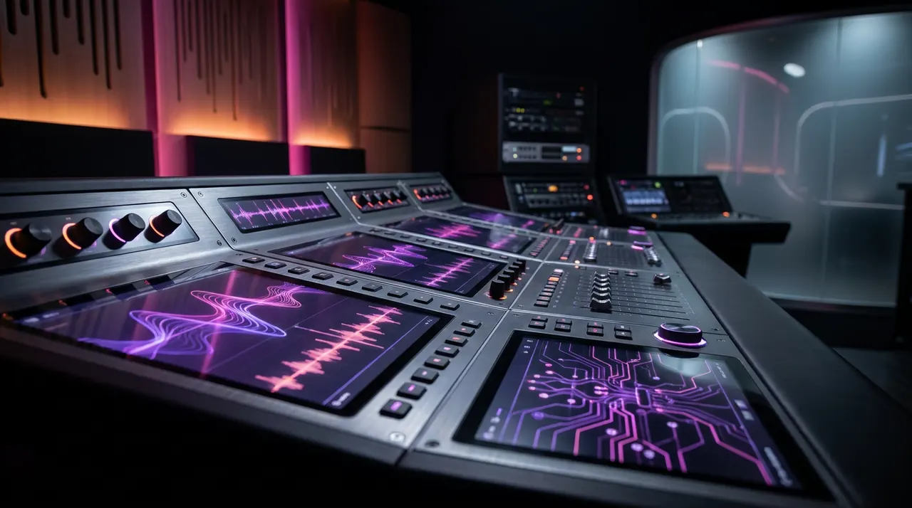 Mesa de som futurista com ondas sonoras neon representando inteligência artificial.