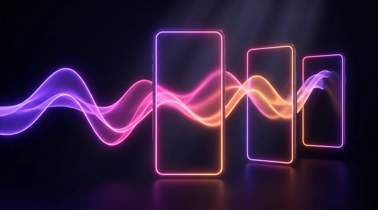 Ondas de áudio luminosas se transformando em telas de vídeo verticais