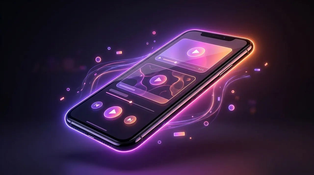 Smartphone exibindo interface de software iluminada por neon roxo e laranja.