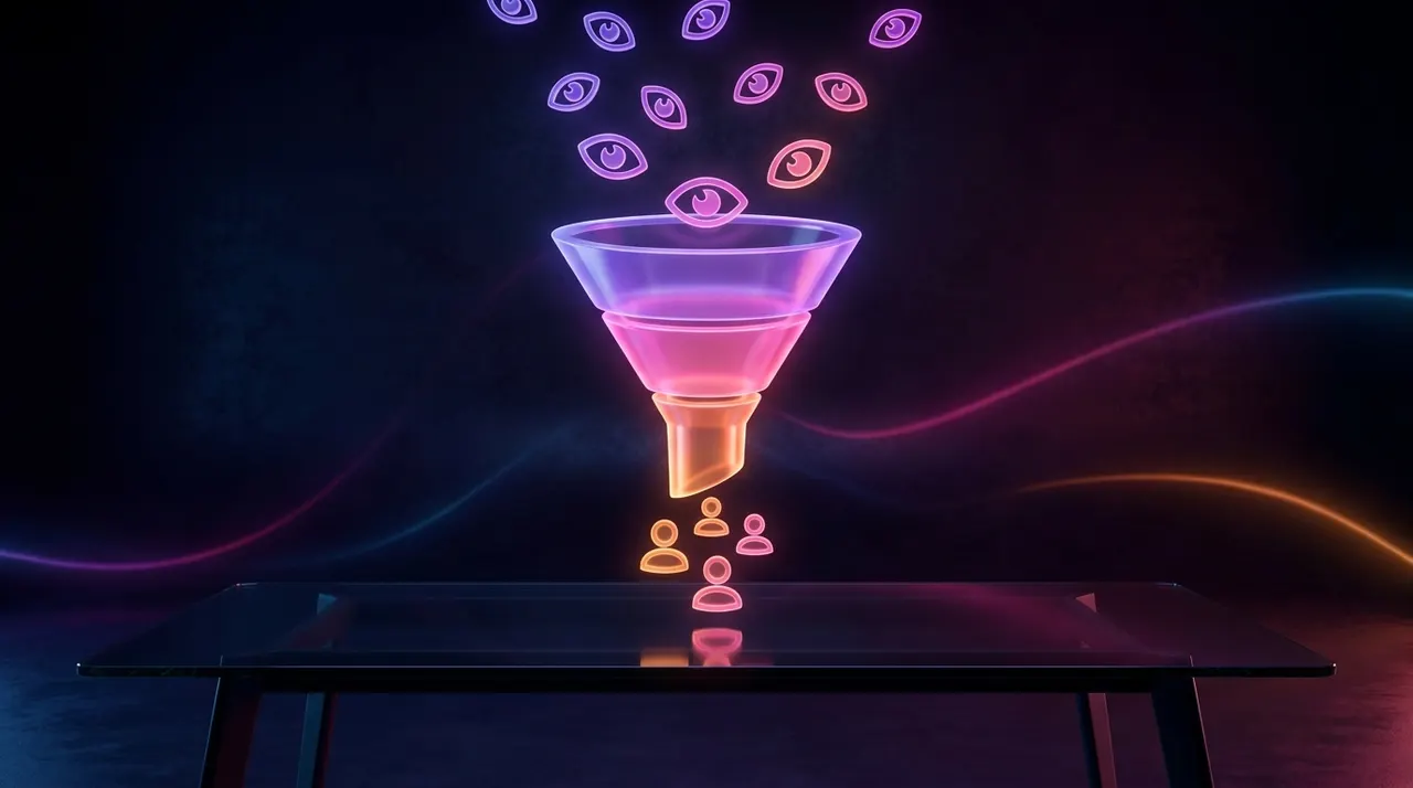 Funil digital luminoso convertendo ícones de visualização em ícones de usuário