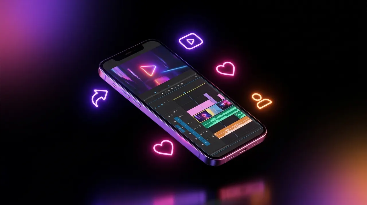 Smartphone exibindo linha do tempo de edição de vídeo com ícones flutuantes.