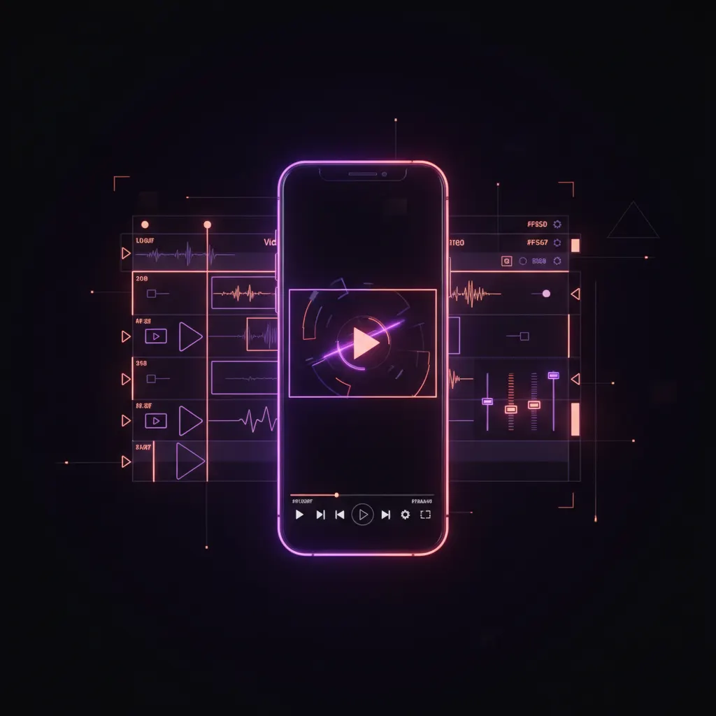 Interface de edição de vídeo mostrando uma linha do tempo vertical iluminada