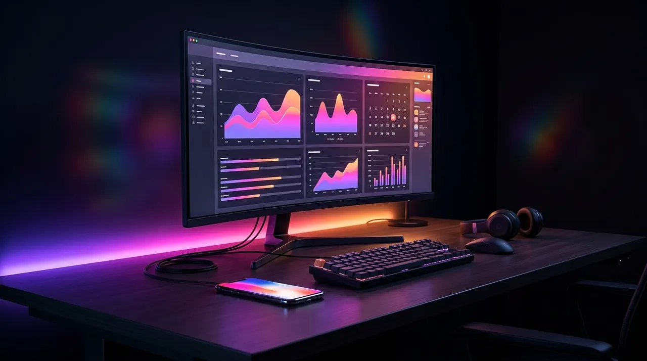 Monitor e smartphone exibindo calendários de conteúdo em ambiente escuro com luzes neon