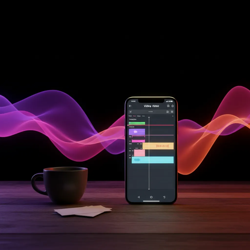 Smartphone mostrando edição de vídeo vertical em uma mesa de trabalho