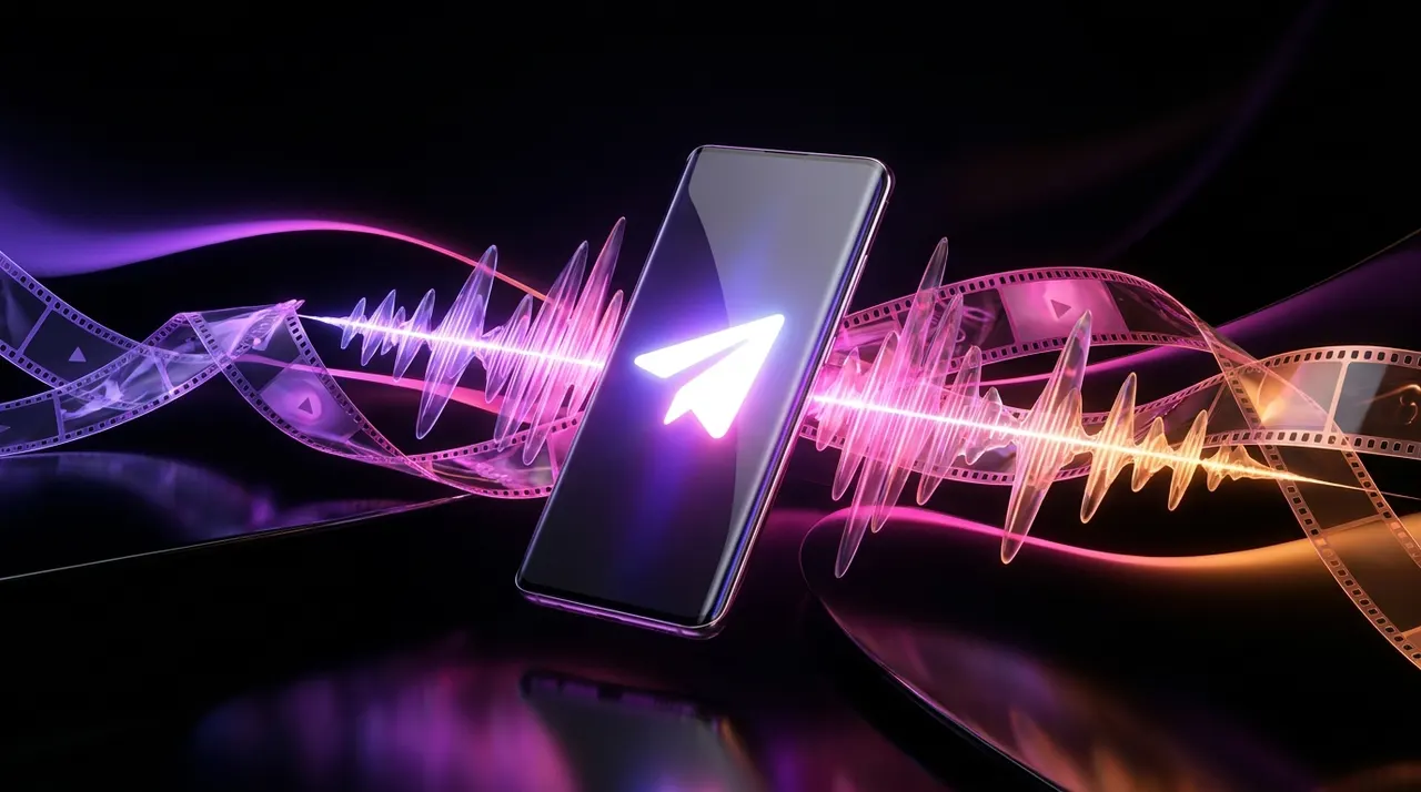 Smartphone com ícone de envio flutuando sobre ondas sonoras e rolos de filme.