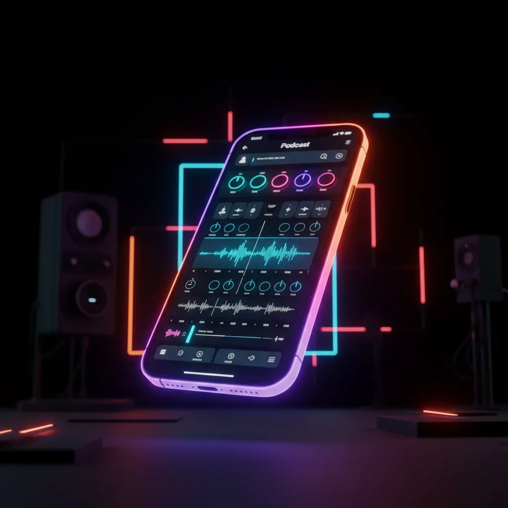Smartphone flutuando com interface de edição de vídeo iluminado por luzes neon
