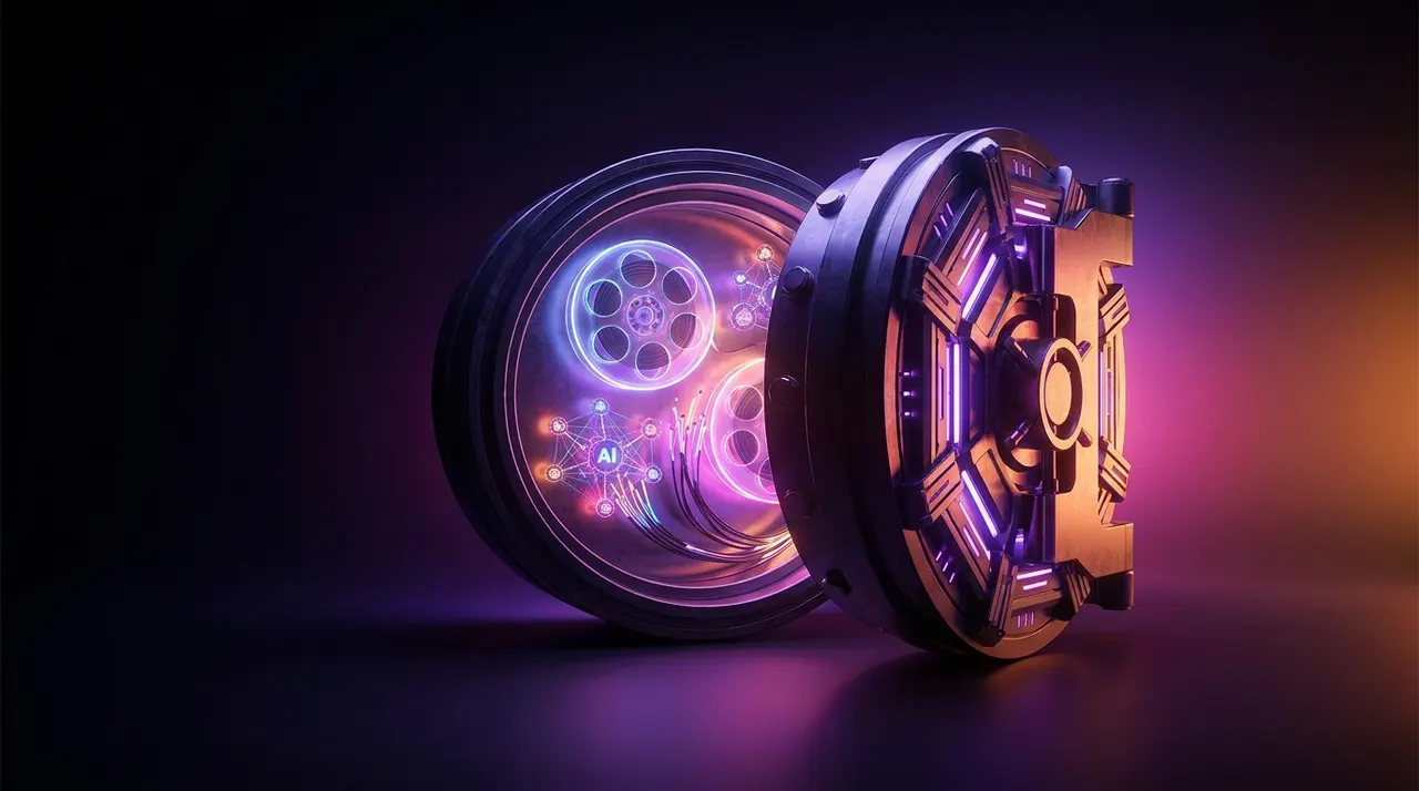 Cofre digital brilhante protegendo rolos de filme e nós de inteligência artificial.