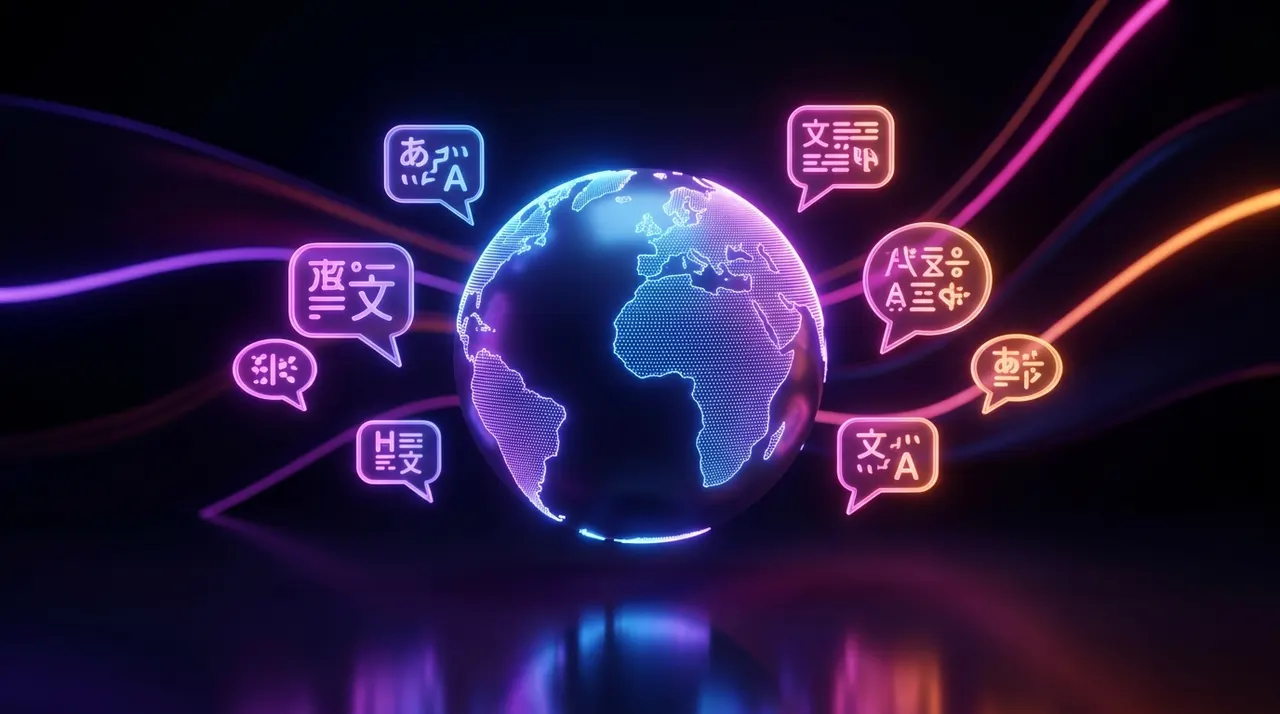 Globo digital iluminado com balões de fala representando vários idiomas
