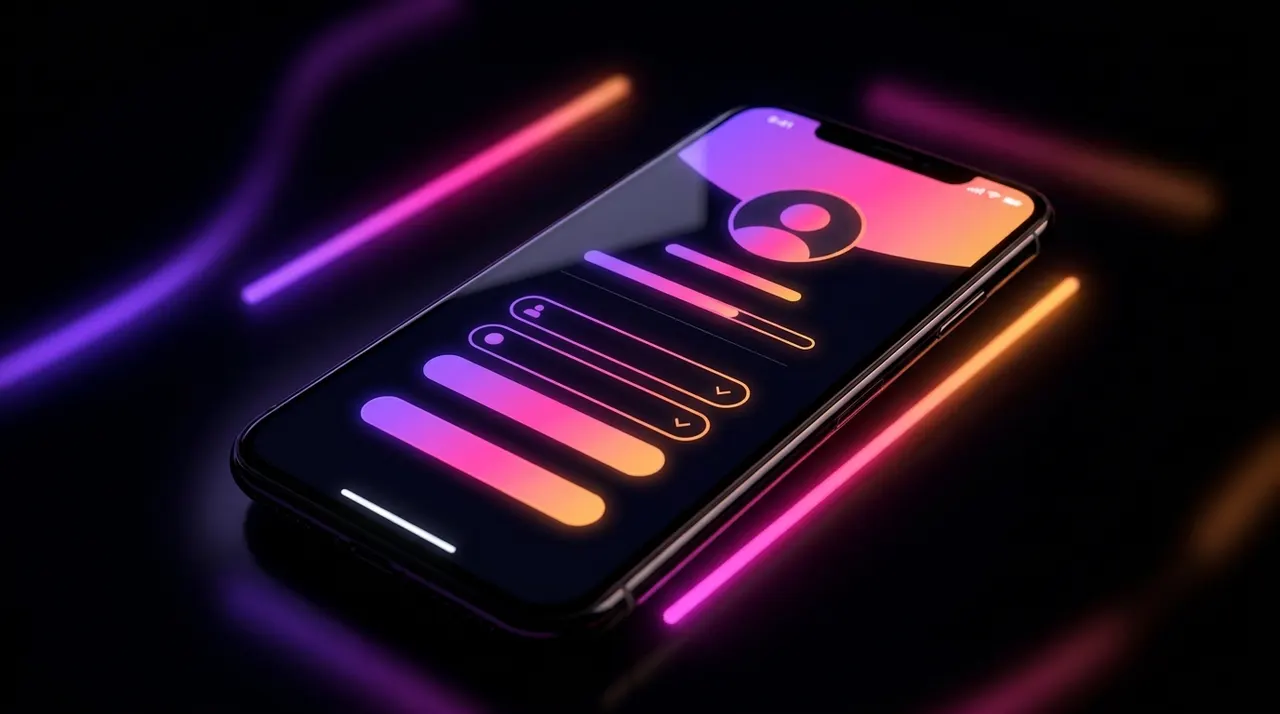 Smartphone exibindo tela de configuração de perfil com iluminação neon ao fundo