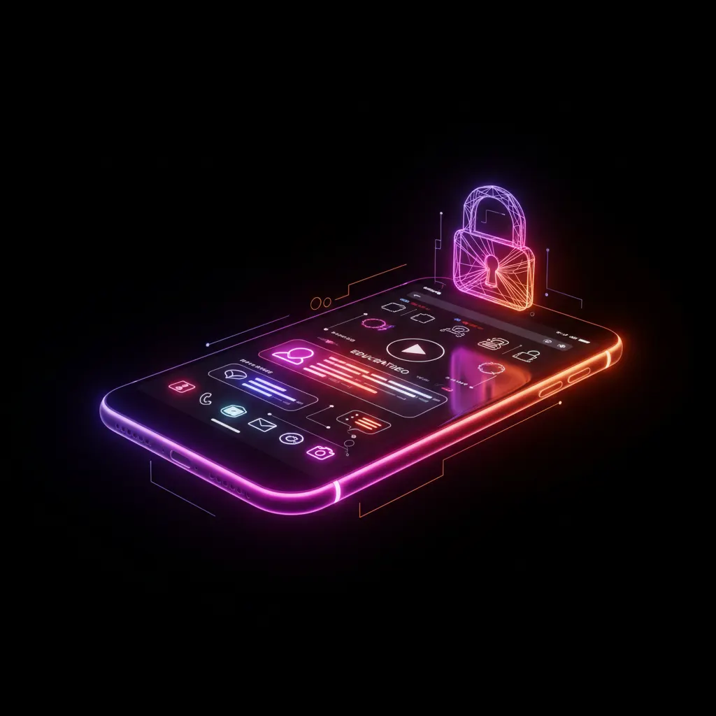 Smartphone iluminado por neon exibindo interface de vídeo com um cadeado holográfico