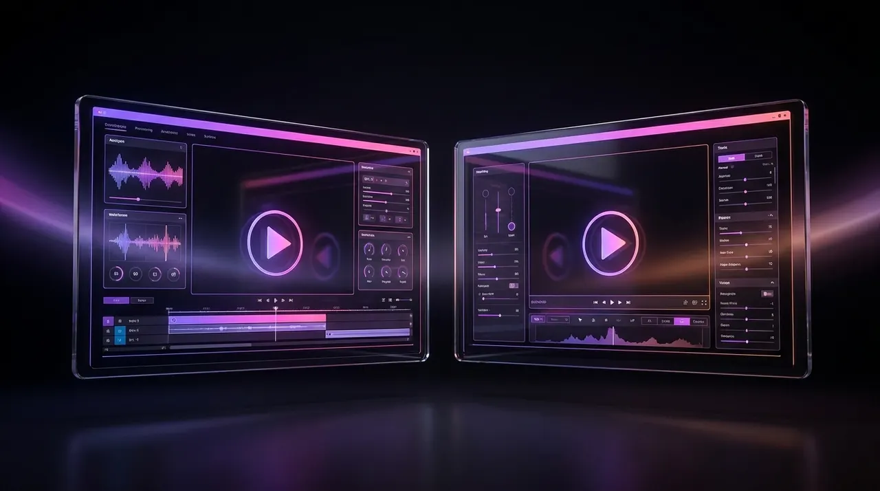 Telas divididas mostrando interfaces de edição de vídeo flutuantes com luzes neon