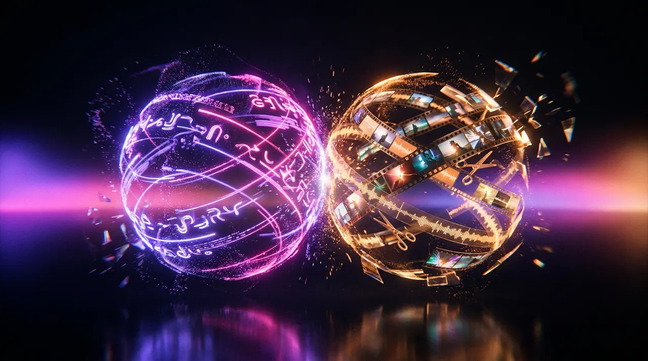 Ilustração 3D abstrata de inteligência artificial editando vídeos e legendas em tons de roxo e laranja