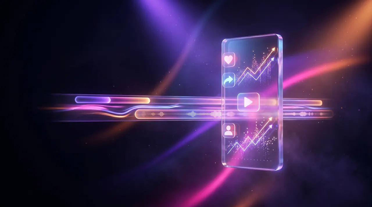 Interface abstrata de edição de vídeo e smartphone com métricas em neon