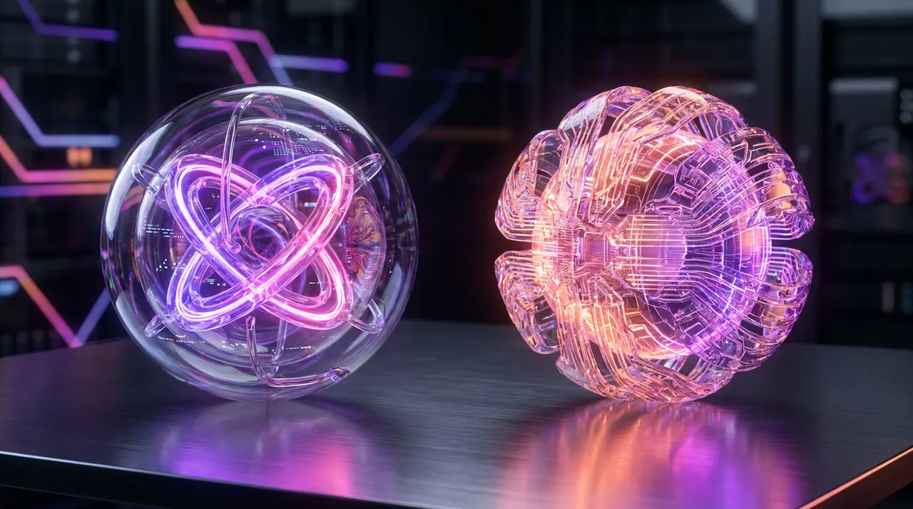 Dois núcleos de IA brilhantes em uma mesa escura com luzes neon.