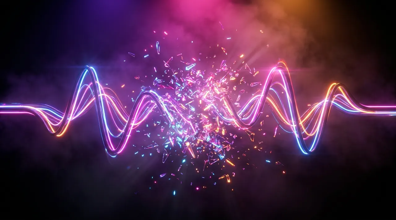 Ondas sonoras em neon colidindo, representando a edição de vídeos curtos com IA