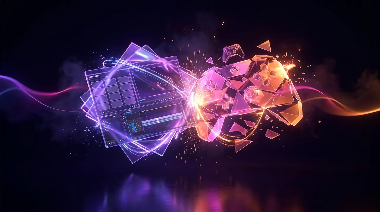 Formas geométricas brilhantes colidindo em fundo escuro com neon roxo e laranja