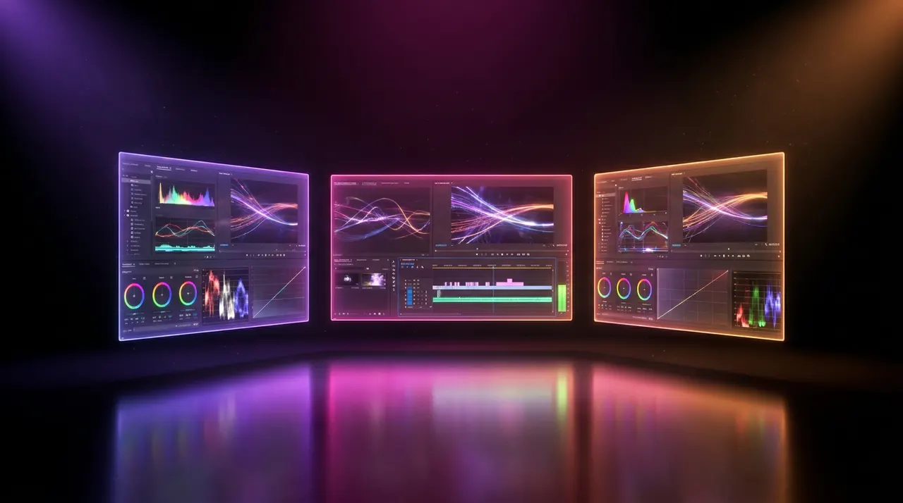 Telas holográficas de edição de vídeo flutuando em fundo escuro com luzes neon.