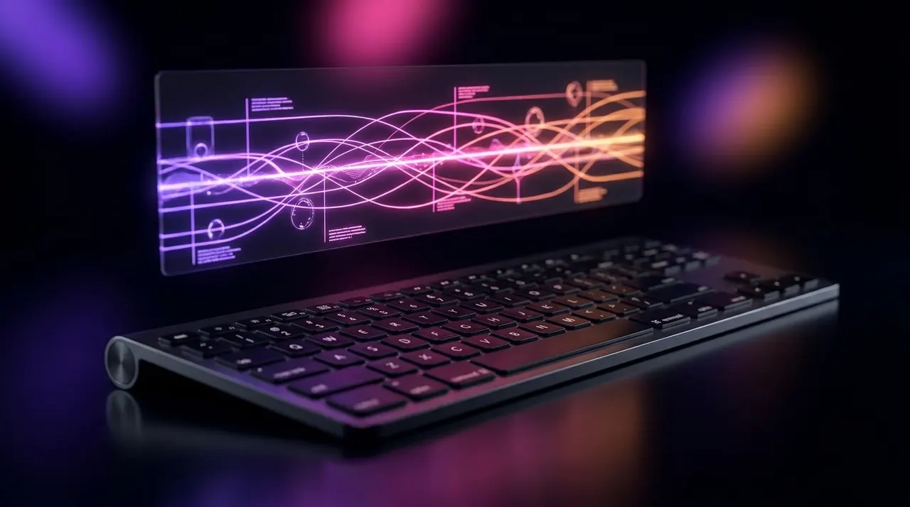 Teclado de computador com interface de edição de vídeo flutuante em neon