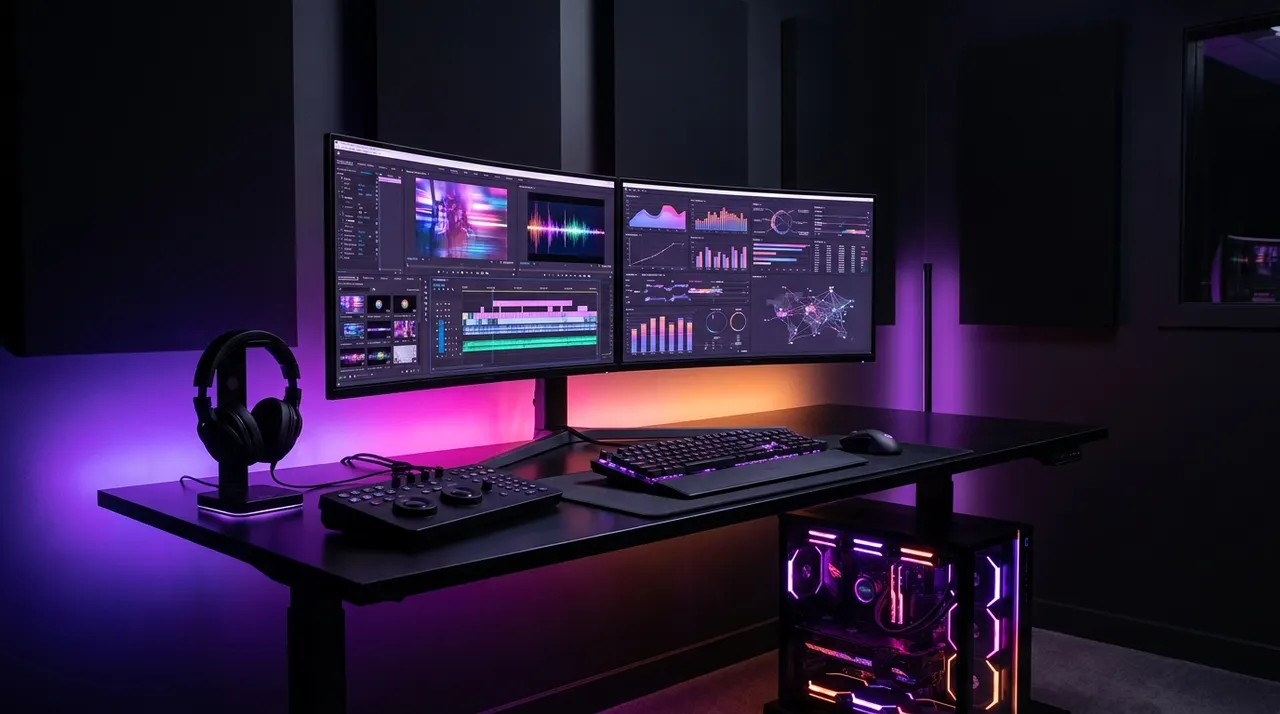 Monitores com linhas do tempo de edição de vídeo em ambiente escuro iluminado por neon