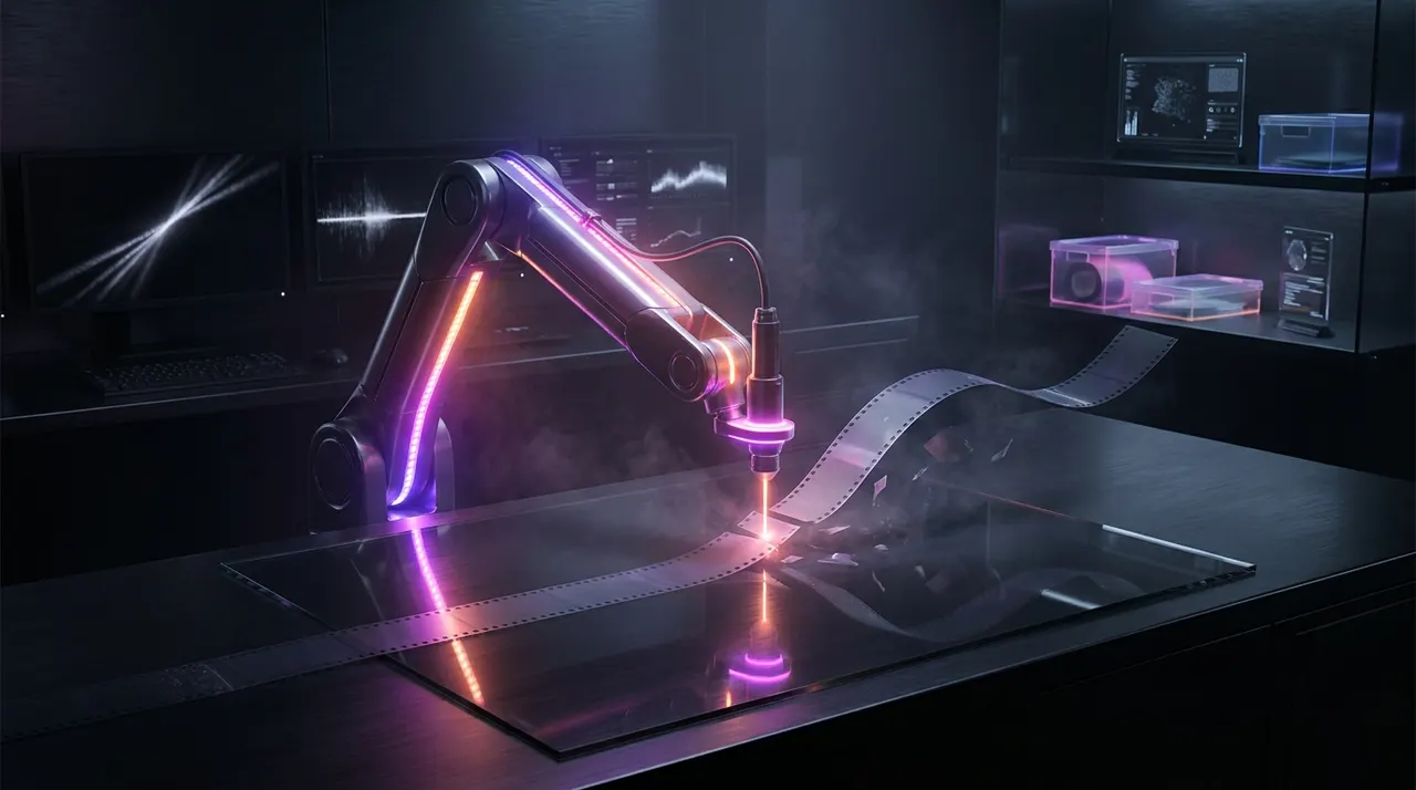 Braço robótico iluminado cortando rolo de filme em ambiente futurista escuro.