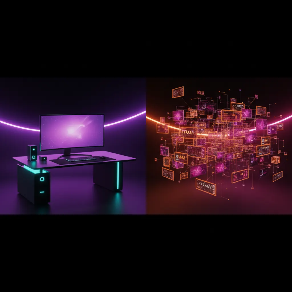 Ilustração 3D dividida comparando uma estação de trabalho individual com uma rede conectada