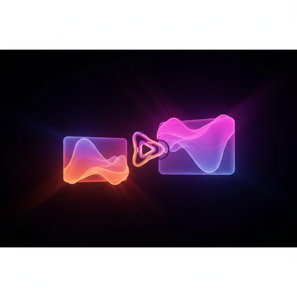Ícone de play brilhante conectando telas abstratas em fundo escuro