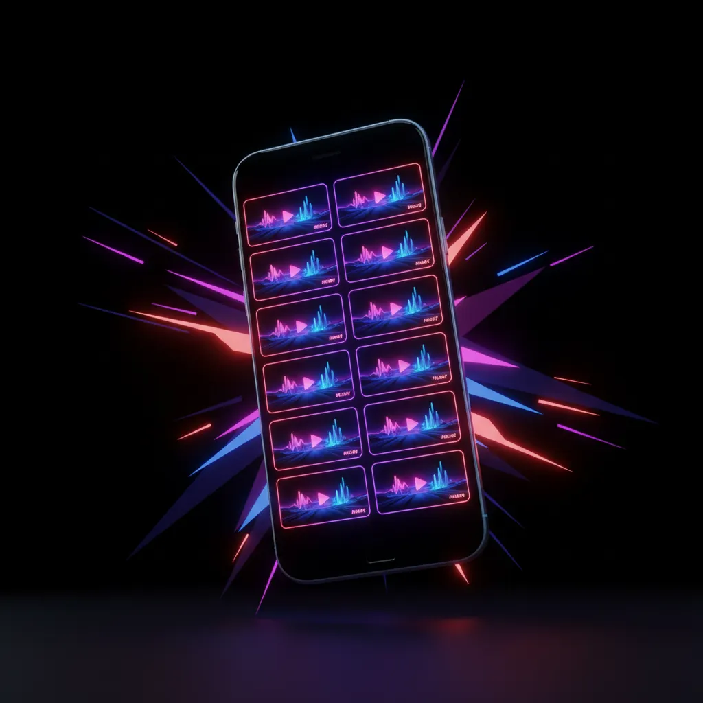 Smartphone exibindo grade de vídeos com tipografia padronizada e iluminação neon