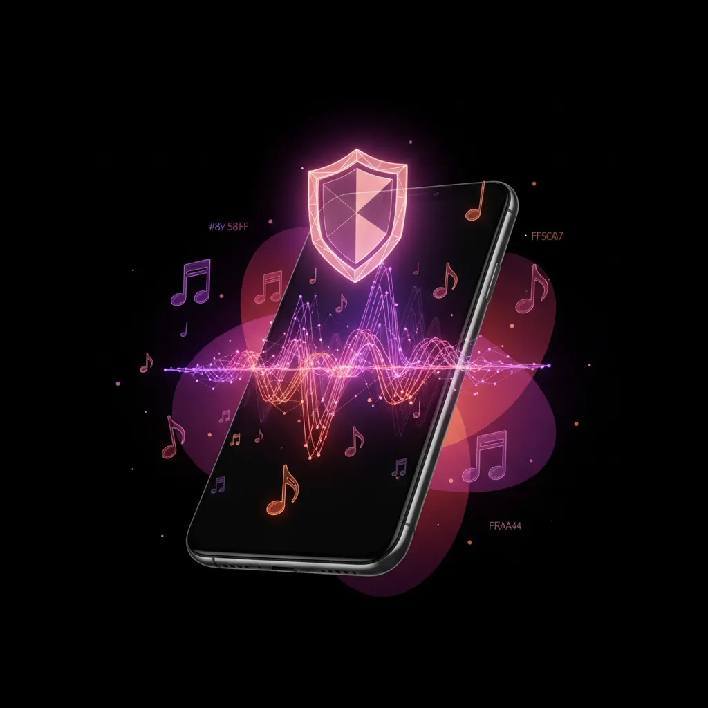 Smartphone com onda sonora e escudo brilhante representando segurança de áudio no TikTok