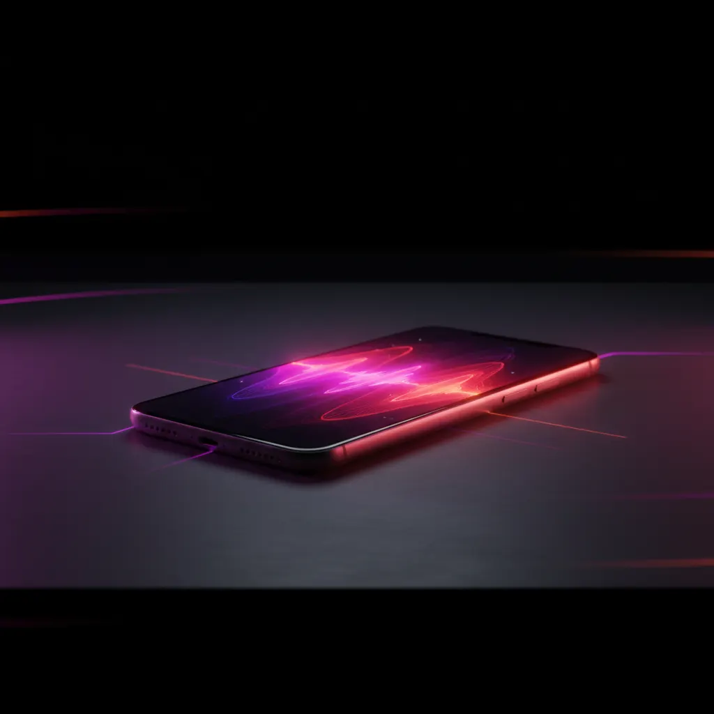 Smartphone com interface de áudio iluminado por luzes neon em fundo escuro
