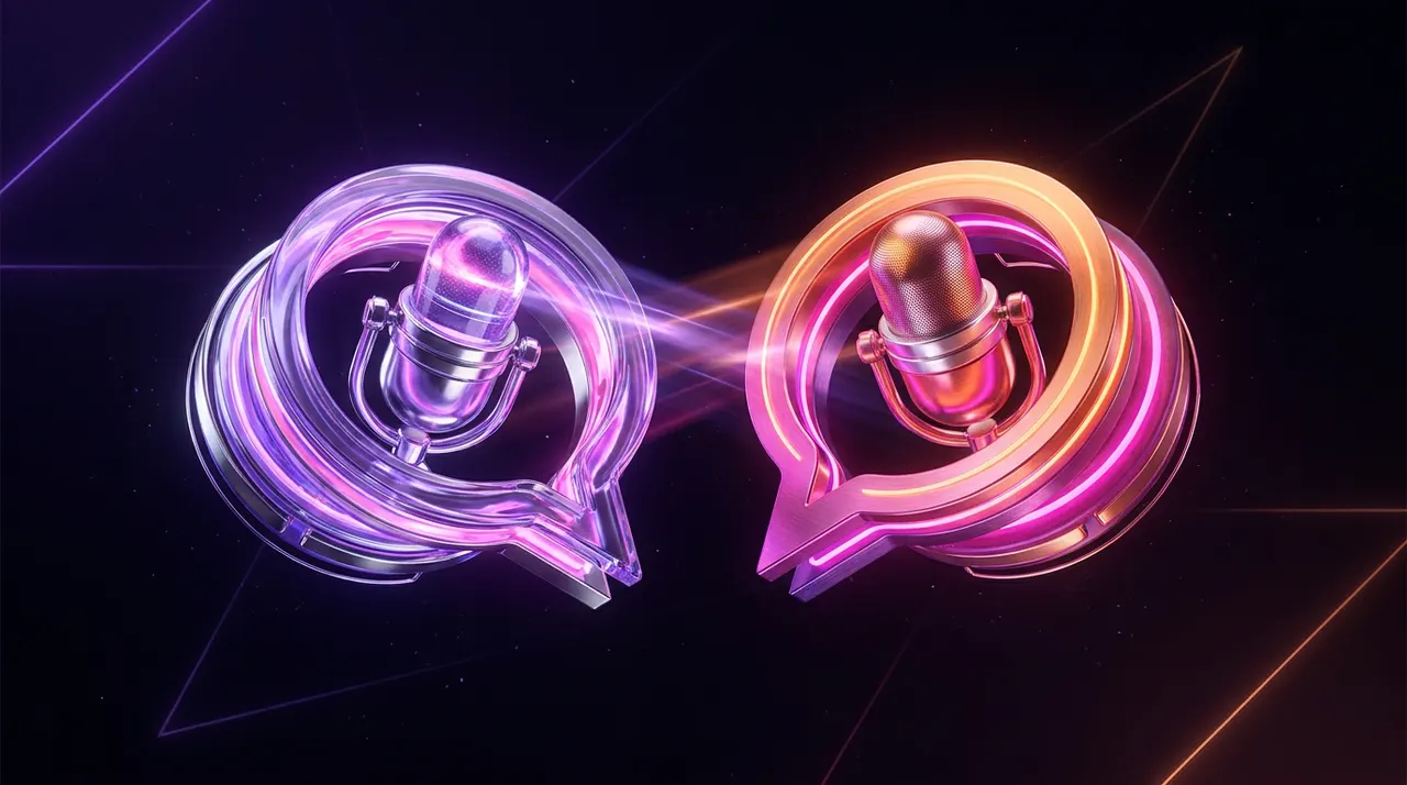 Ilustração 3D de balões de fala brilhantes representando inteligência artificial para legendas