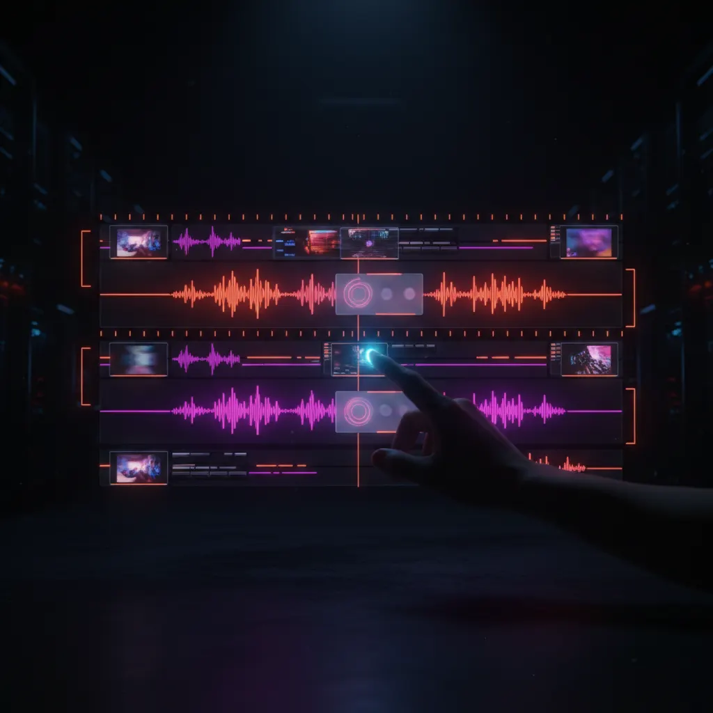 Interface digital de edição de vídeo com ondas de áudio iluminadas em tons de neon