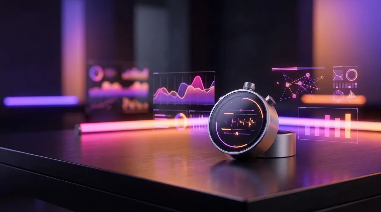 Cronômetro digital e gráficos flutuantes sobre uma mesa escura com iluminação neon