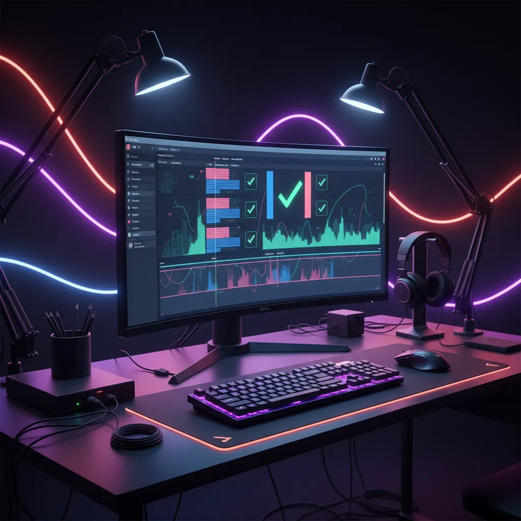 Monitor de computador exibindo uma linha do tempo de edição de vídeo iluminada com marcadores de qualidade