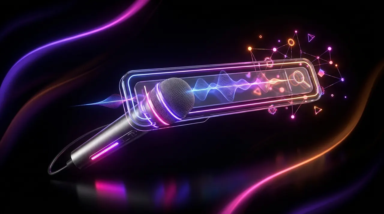 Microfone futurista com ondas sonoras se transformando em dados de busca digital